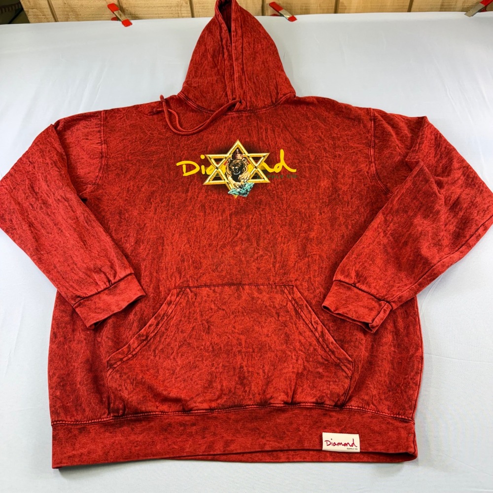 VTG Diamond Supply Co Mens L Red Mineral Wash Lion of Judah Haile Selassie Hoodi